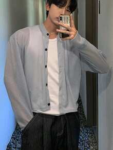 DAZY Áo khoác cardigan dệt kim dáng rộng, màu trơn, dành cho nam, thích hợp cho mùa xuân/hè. - Xám - Xem 6