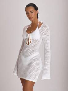 Musera Resort 钩针编织系带宽松罩衫迷你连衣裙泳装度假夏季旅行沙滩装基础款单身派对婚礼新娘单身派对纯色度假风 - 奶油色 - 查看 3