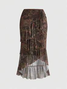 ROMWE Hippie 女士复古波西米亚嬉皮风多层荷叶边修身鱼尾裙 - 棕色 - 查看 1