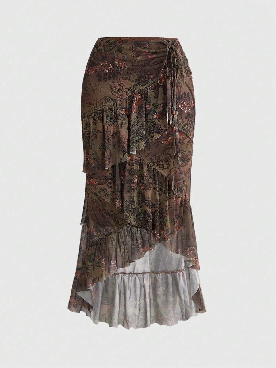 ROMWE Hippie 女士复古波西米亚嬉皮风多层荷叶边修身鱼尾裙 - 棕色 - 查看 1