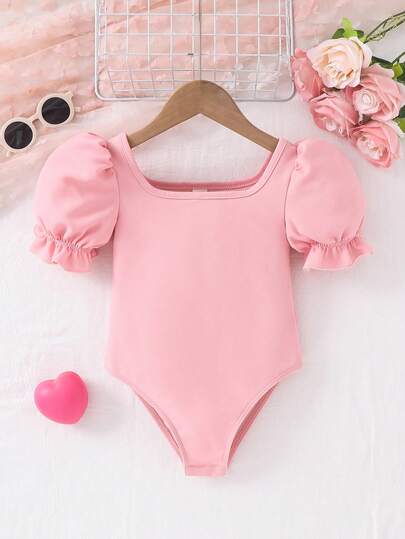 SHEIN Young Girl Solid Color Collared Puff Sleeve Jumpsuit