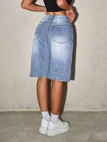 SHEIN ICON Quần short denim bạc màu thời trang nữ - Rửa nhẹ - Xem 2