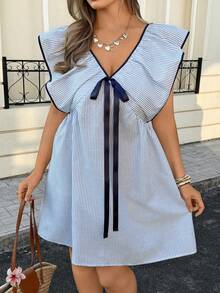 Lounesse 大码条纹系带短袖连衣裙 - 藍色 - 查看 3