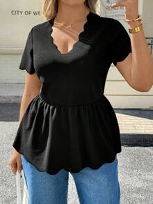 Lounesse 大码女式V领荷叶边短袖T恤，弹力修身舒适百搭，适合日常穿着，春夏款 - 黑色 - 查看 4