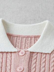 Lyxana Cárdigan de punto casual de mujer con solapa de color contrastante y manga corta de un solo botonadura - Rosa - Ver 7