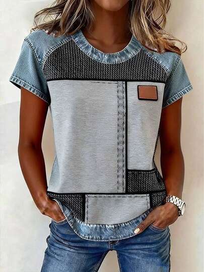 EMERY ROSE Camiseta de mujer de manga corta con cuello redondo y parches de mezclilla