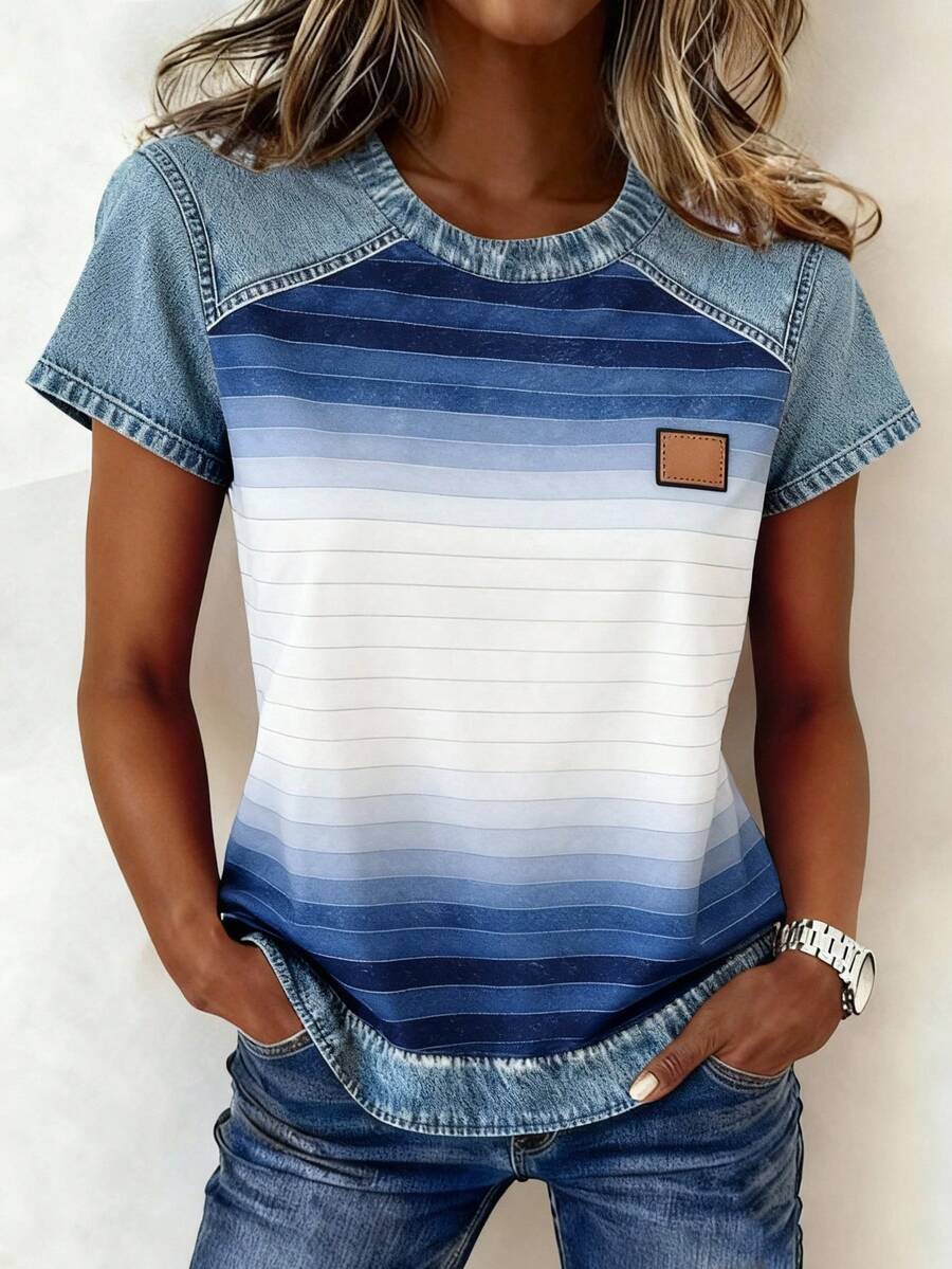 EMERY ROSE Women's Casual Denim Effect Short Sleeve T-Shirt - Multicolor - View 1