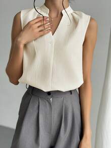 Firerie Áo sơ mi nữ cổ chữ V tối giản, thanh lịch và sang trọng dành cho công sở. - Màu be - Xem 4