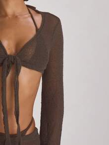 Musera Resort Áo khoác ngoài dáng ngắn tay loe dệt kim, buộc dây phía trước, thích hợp cho kỳ nghỉ hè, du lịch biển, đồ cơ bản màu trơn, phong cách nghỉ dưỡng. - Cà phê nâu - Xem 2