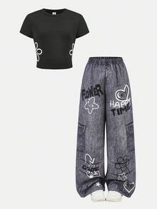 少女两件套：修身黑色印花短袖圆领T恤 + 宽松做旧灰色字母印花阔腿裤，春夏款 - 黑色 - 查看 5