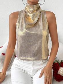 SHEIN LUNE Blusa sin mangas de cuello alto metálica para mujer - Dorado - Ver 4