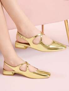 CUCCOO DOLLMOD Giày bệt Mary Jane trang trí nơ xinh xắn, màu mơ, mũi vuông, gót thấp, thích hợp đi làm, hẹn hò, dự tiệc, mua sắm, đi học, phong cách ngọt ngào. - Vàng - Xem 1