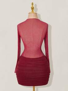 SHEIN ICON 亮面网纱拼接透视褶皱长袖迷你连衣裙 - 紅色 - 查看 2