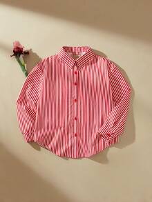Anewsta Girls' Casual Loose Fit Single-Breasted Shirt With Bow Tie, Red Striped Long Sleeve Blouse - Red - View 7
