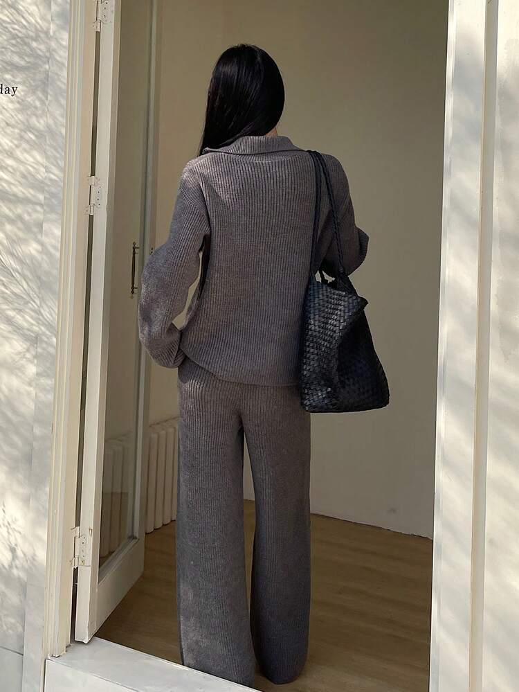 Women's Casual Solid Color Half-Zip Sweater & Wide Leg Pants 2 Pieces Set, Autumn/Winter