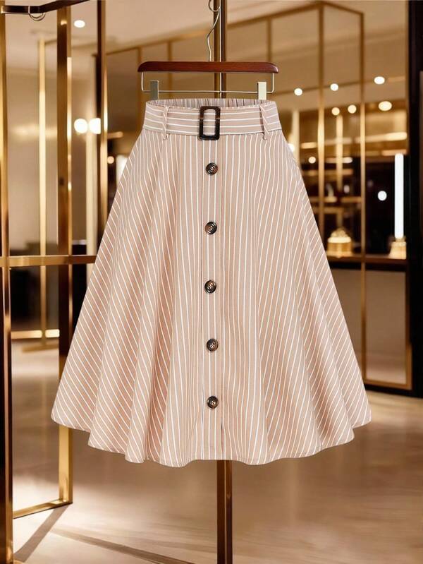 GlowEve Elegant Casual Khaki Striped Button Decor A-Line Summer Skirt For Women