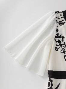 Lyxana 女士花卉佩斯利印花收腰A字连衣裙，优雅百搭，适合假日、休闲、通勤、情人节、约会、法式街头风，复古百搭，白色底色搭配黑色花卉印花，早春/春夏新款中袖长裙 - 彩色 - 查看 3