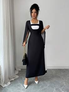 SHEIN Unity Women's Mid-Length Dress,Flared Sleeves,Waist Cinched,Slit Hem,Black And White,Color Block Design,Elegant,Holiday Dinner,Autumn,French Street Style - Multicolor - View 5
