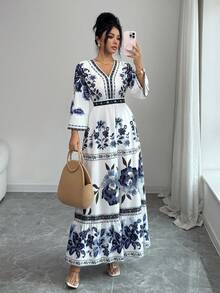 SHEIN Elenzya 女士印花喇叭袖收腰A字连衣裙，优雅百搭，适合度假、通勤、情人节、约会，展现法式街头风情，复古百搭，蓝白花卉植物印花，早春/春夏长袖中长连衣裙 - 彩色 - 查看 6