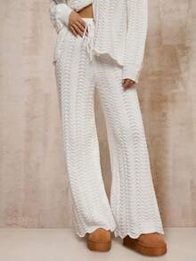 Glamine Women's Perforated Texture Straight Leg Casual Knit Pants, Spring/Autumn White Beach Pants White Wide Leg Pants Women Lace Up Pants - Apricot - View 6