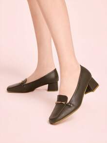 CUCCOO DOLLMOD 法国女鞋春秋季低帮方头中跟粗跟软皮金属扣乐福鞋 - 卡其色 - 查看 5