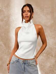 SHEIN BAE 100%纯棉白色露背垂褶领女士吊带背心，性感优雅，适合夏季穿着，可用于工作、办公室、通勤、度假、婚礼宾客以及西部节日等场合。 - 白色 - 查看 5