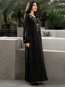 Layrah Abaya Arab Hitam Buatan Tangan dengan Hiasan Berlian Imitasi, Gaun Pesta Malam Mewah dan Elegan Dubai, Gaun Pesta Pernikahan Formal - Hitam - View 6