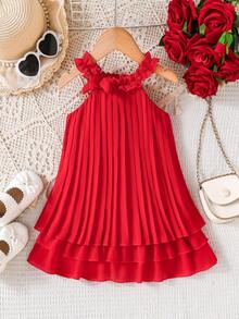 SHEIN 女婴红色蝴蝶结褶皱荷叶边领口和下摆双层荷叶边连衣裙，适合日常、度假、休闲、优雅、可爱装扮 - 紅色 - 查看 3