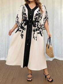 SHEIN CURVE+ Curve 尺码 US22 音乐节、海滨度假、波西米亚风女士撞色印花长连衣裙，印花腰带连衣裙 - 彩色 - 查看 6