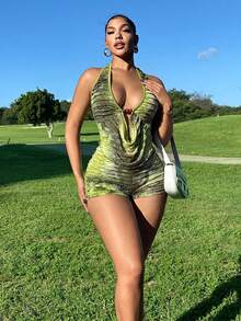 Zolique 2025春夏新款女士性感无袖扎染面料摆领木珠装饰后背绑带设计套装，适合音乐节穿着 - 綠色 - 查看 4