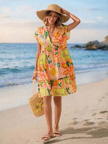 Sylviya 休闲女士度假娃娃剪影印花连衣裙，度假 - 彩色 - 查看 3