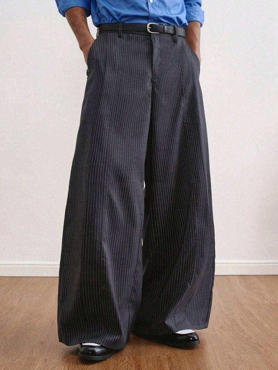 TOKVUE Pantalones casuales de rayas de pierna ancha para hombre, pantalones casuales rectos y sueltos con bolsillos, pantalones holgados grises, pantalones de diseñador, pantalones de cintura alta de pierna ancha, pantalones grises de vestir, pantalones grises - Gris Oscuro - Ver 1