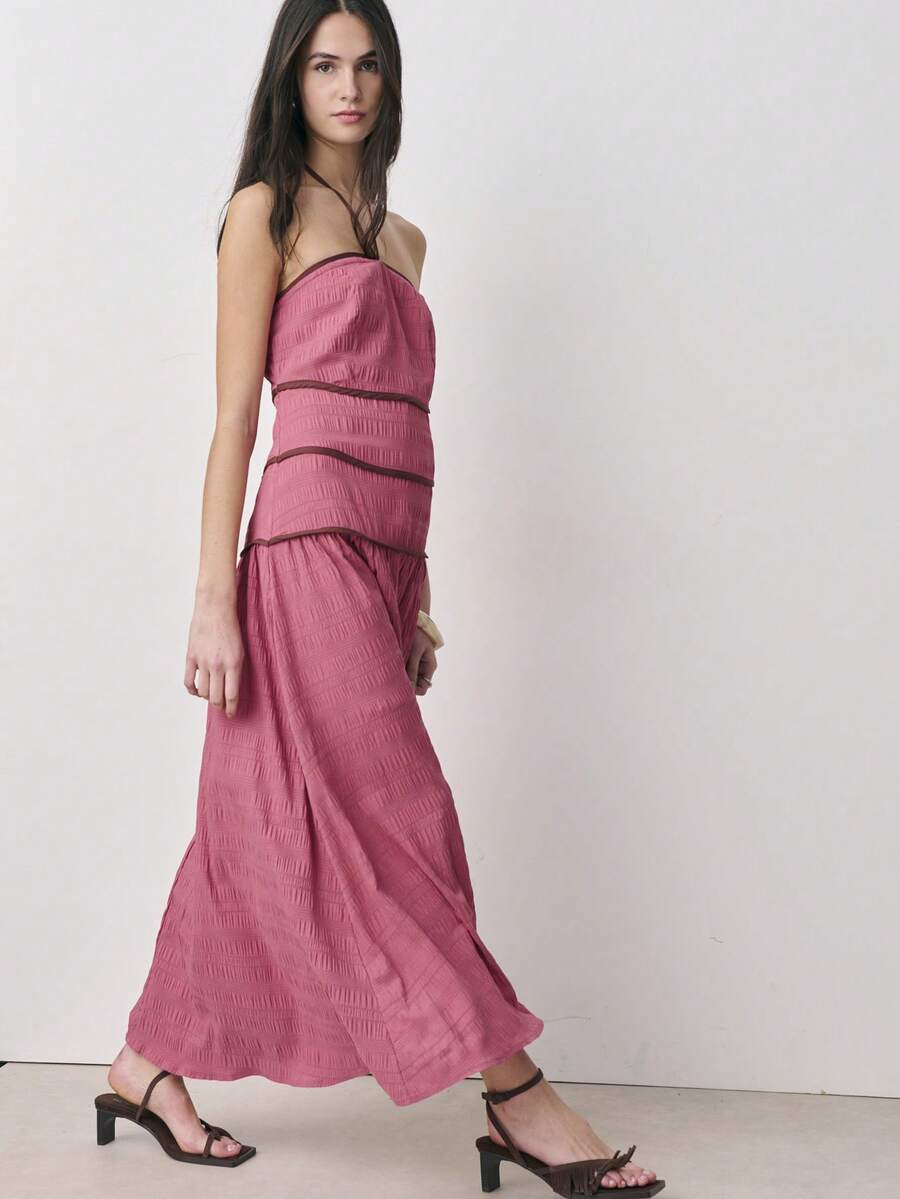 Nöista Strapless Dark Pink Dress, Off Shoulder, Textured Fabric With Tiered Bodice Details And A Flowing Shape. Summer, Events, And Weeding Occasions. - Dusty Pink - View 1