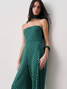 Nöista Off Shoulder Jumpsuit With A Geometric Jacquard Fabric, Fitted Bodice, Wide-Leg Pants And Matching Choker On Neck. Spring, Summer, Wedding Occasion, Formal Event, Easter. - Green - View 3