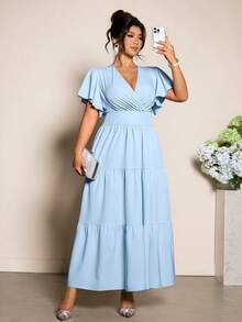 Elenzga Plus Size Women's Elegant Waist Cinched A-Line Long Sleeve Midi Dress, Suitable For Commuting, Spring/Summer - Blue - View 5