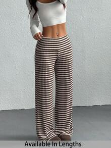 SHEIN Tall CURVE Quần ống đứng cạp cao kẻ sọc cỡ lớn, quần kẻ sọc mùa thu, quần dệt kim, quần ống rộng, quần palazzo kẻ sọc cho nữ, quần dệt kim kẻ sọc, thích hợp mặc hàng ngày, đi làm, đi học, đi dạy, họp hành, đi chơi, quần ống rộng kẻ sọc thoải mái, quần nữ mùa xuân, quần nữ thường ngày, quần kẻ sọc màu nâu. - Cà phê nâu - Xem 1