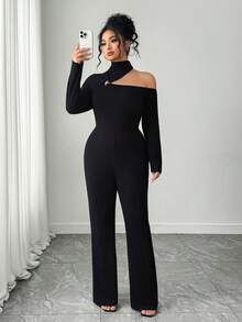 Elenzga Plus Size Women's Solid Color Round Neck Jumpsuit, Suitable For Commuting - Black - View 8