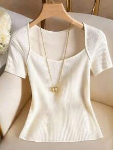 Franclia Women's Solid Color Square Neck Ribbed Short Sleeve T-Shirt - White - View 4