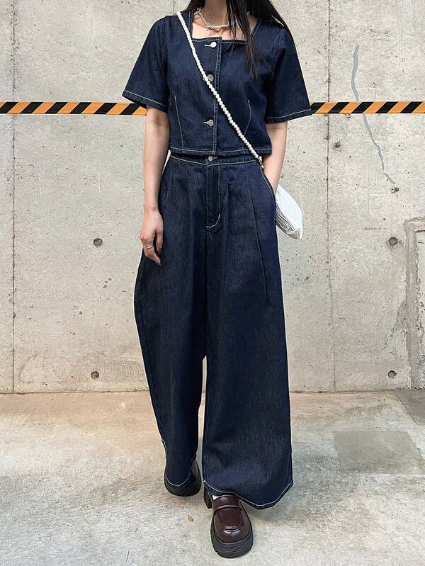 FRIFUL Women's Square Neck Short Sleeve Single-Breasted Top And Wide-Leg Jeans Casual Suit