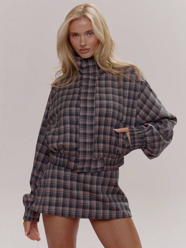 MUSERA High Neck Zip Through Checkered Cinched Hem Waist Jacket Coord Top Only Cute Girly Sexy Spring Winter Going Out Daily Easter Sugar Swizzle