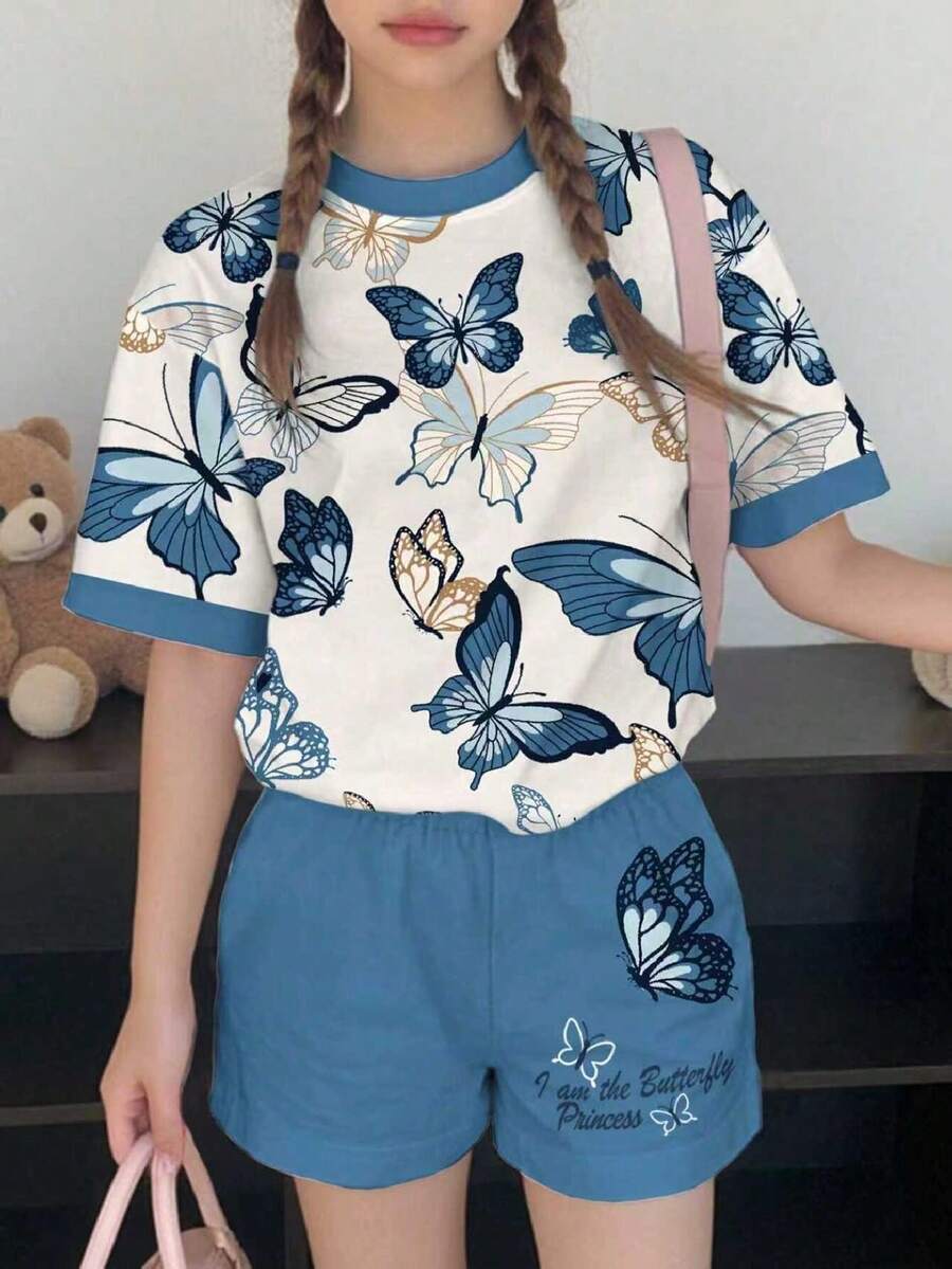 SHEIN 青少年女孩休闲时尚经典蝴蝶印花短袖 T 恤,带有手写“我是蝴蝶公主”文字和配套蝴蝶印花短裤套装,适合夏季 - 彩色 - 查看 1