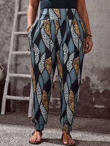 EMERY ROSE 大码女式舒适印花抽绳裤，适合夏季、春季、室内休闲、户外度假穿着 - 彩色 - 查看 6
