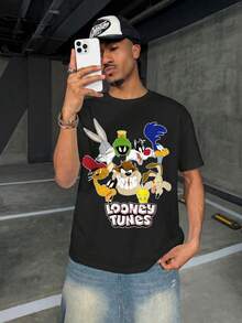 LOONEY TUNES X SHEIN Men's Letter & Cartoon Graphic Round Neck Short Sleeve T-Shirt - White - View 6