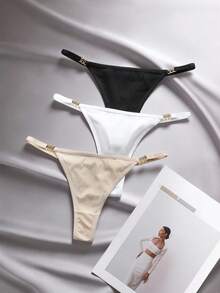 SHEIN Bộ 3 quần lót chữ T gợi cảm màu trơn tối giản dành cho nữ có trang trí bằng kim loại - Nhiều màu - Xem 5