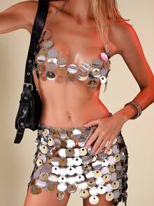 Glamine Women's Summer Sequin Swimwear Set, Women's Summer Sexy Swimwear Set, 26ss New Beach Party Holiday Swimwear, Summer 2026 Summer Outfits For Women Beach Dress Beach Outfits For Women Elegant Casual Summer Holiday Outfits Vacation Outfits For Women Swimwear Bathing Suits For Women Vacation Boho Sexy Plain Plaid Striped Casual Sequin Two Pieces Set Festival Two Pieces Outfit 2 Pieces Party Outfits Sequin Outfit Women Sequin Bikini - Silver - View 4