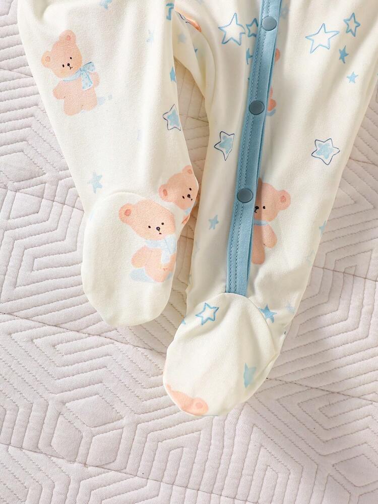 SHEIN 3pcs Newborn Rompers | Stretchy Knit Long Sleeve Footie, Includes Solid Nude, Blue & White Striped, Bear Bow Print, Soft & Comfortable, Cute Style - Multicolor - View 3
