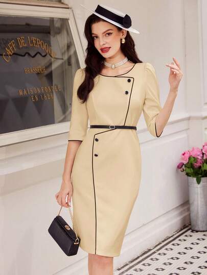 Vintamour Vintage Elegant Women's Color Block One-Piece Dress, Summer, White, 7/10 Sleeve, Straight Dress Old Money Aestheticcrew Neck Summer Dresses For Women Elegant Business Casual Woman Work Clothes Women Work Clothes Women White Dresses Classy Elegant Modest Dresses For Women Going Out Outfits Office Modest Dress Church Clothes Women