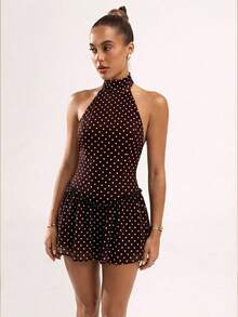 SHEIN BAE Braunes Polka-Punkt Rüschen-Saum ärmelloses Bodycon Minikleid, braunes Polka-Punkt Druckkleid - Braun - Übersicht 4