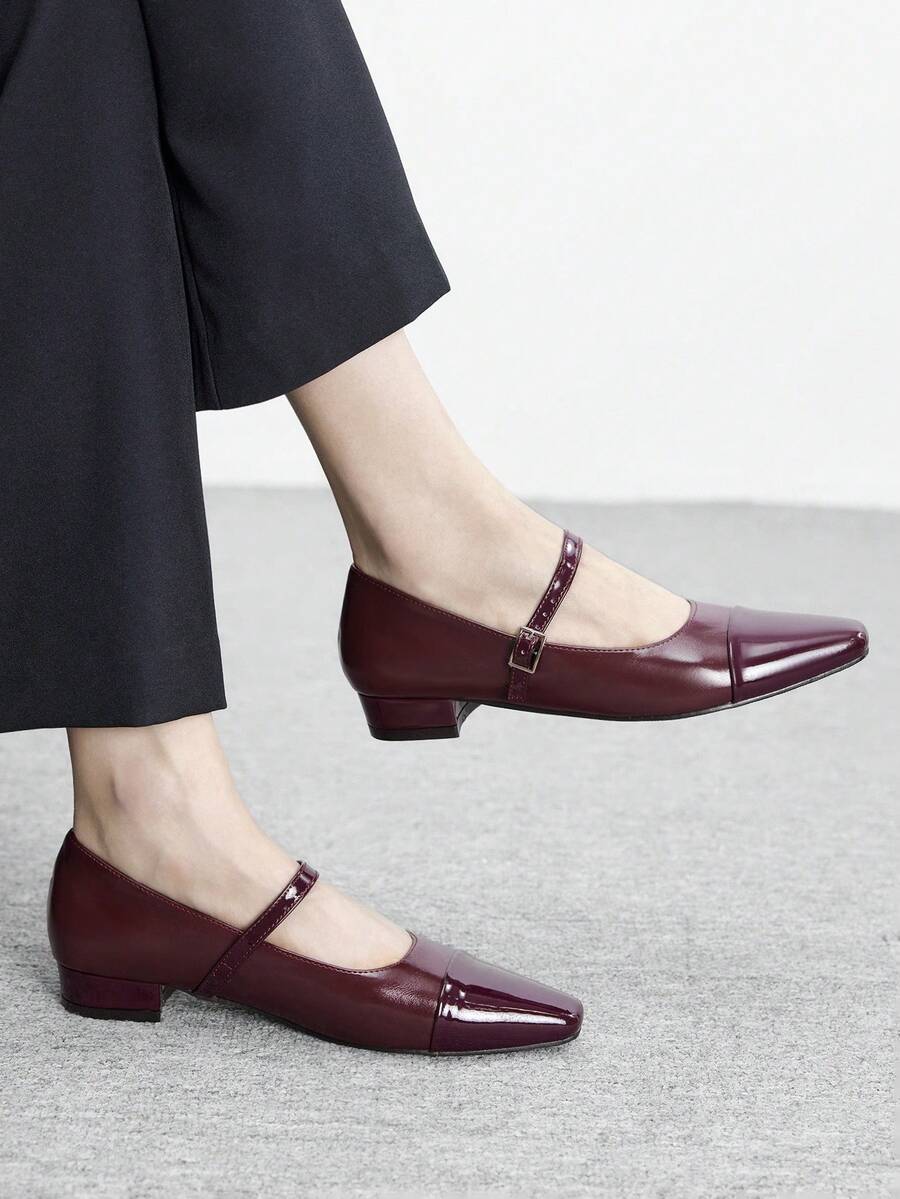 CUCCOO BIZCHIC 女士酒红色漆皮方头玛丽珍鞋，复古风格，适合工作和通勤穿着，百搭 - 酒紅色 - 查看 1