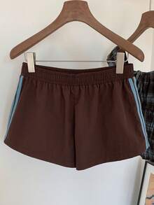SHEIN PETITE CURVE 女士休闲弹力腰条纹舒适百搭短裤，夏季 - 棕色 - 查看 4